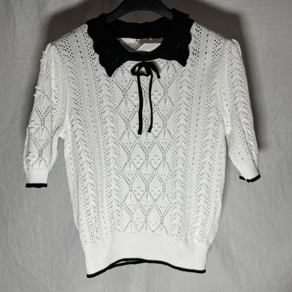 LOFT Sweaters - LOFT White Pointelle Knit Peter Pan Collar Tie Neck Short Sleeve Sweater S NEW